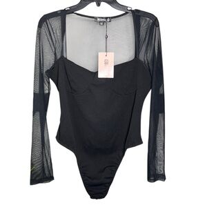 Missguided Mesh detail long sleeve bodysuit Black Size 12